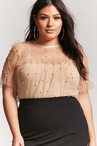 Plus Size Embellished Mesh Top