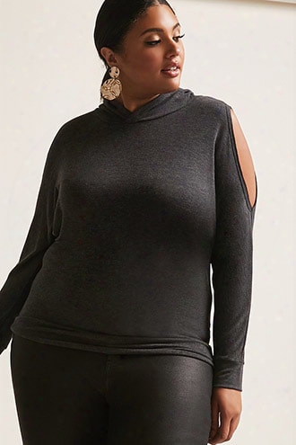 Plus Size Hooded Open-shoulder Knit Top