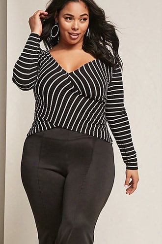 Plus Size Ribbed Stripe Surplice Trapeze Top