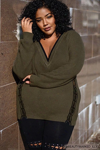 Plus Size Ring Cutout V-neck Sweater