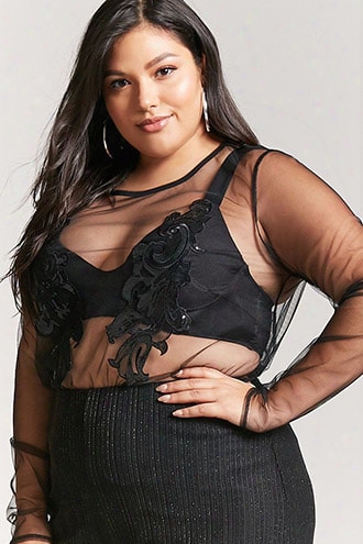 Plus Size Sheer Mesh Sequin Embroidered Top