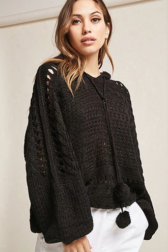 Rehab Hooded Open-knit Pom Pom Sweater