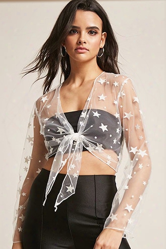 Reverse Sheer Tie-front Star Crop Top