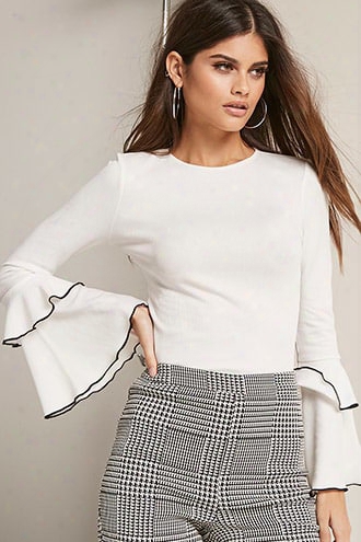 Ribbed Knit Flounce-sleeve Top