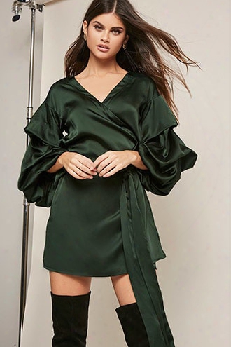 Ruched Satin Wrap Dress