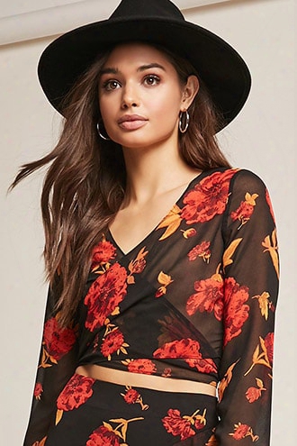 Sheer Floral Tie-front Crop Top