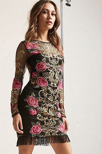 Sheer Mesh Floral Embroidered Fringe Dress