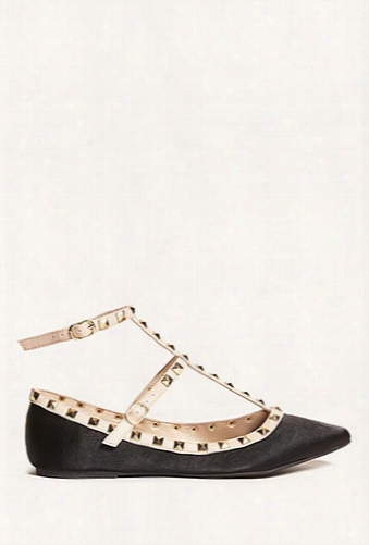 Studded T-strap Satin Flats