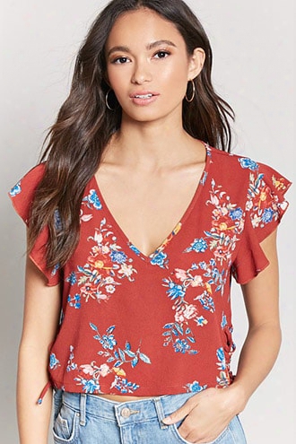 Textured Floral Chiffon Lace-up Top