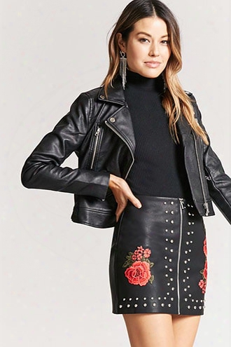Faux Leather Floral Studded Mini Skirt