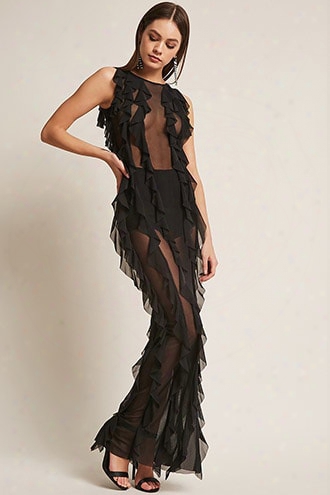 Kikiriki Sheer Mesh Ruffle Maxi Dress