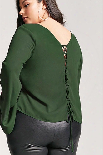 Plus Size Chiffon Lace-up Bell-sleeve Top