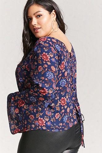 Plus Size Floral Lace-up Bell-sleeve Top