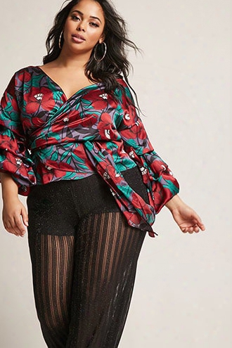 Plus Size Floral Satin Wrap Top