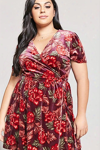 Plus Size Floral Velvet Wrap Dress