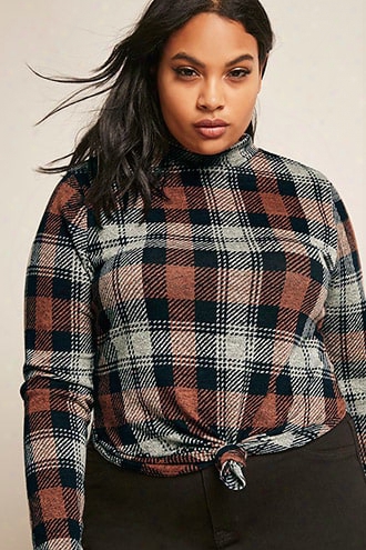 Plus Size Knotted Plaid Knit Top