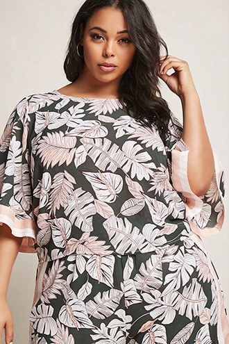 Plus Size Leaf Print Bell-sleeve Top