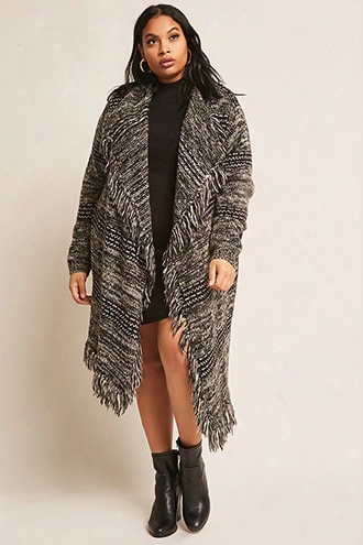 Plus Size Marled Open-front Fringe Cardigan