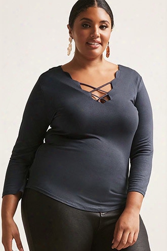 Plus Size Scalloped Crisscross Knit Top