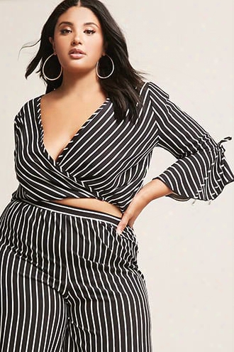 Plus Size Stripe Surplice Bell-sleeve Top