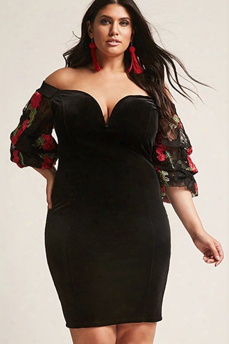 Plus Size Velvet Off-the-shoulder Floral-sleeve Dress