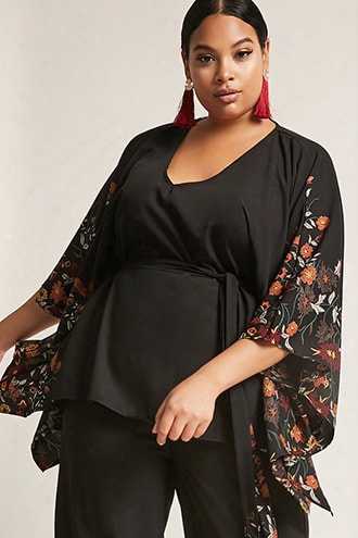 Plus Size Woven Floral Poncho