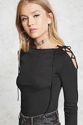 Ribbed Lace-up Shoulder Top