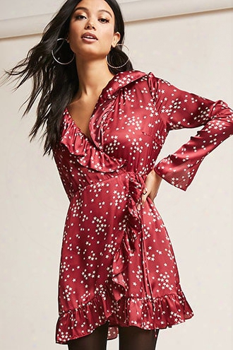 Satin Star Print Wrap Dress