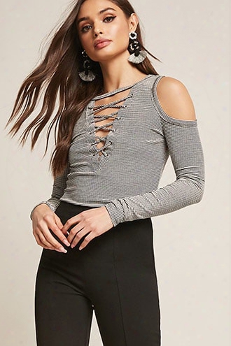 Stripe Ribbed Open-shoulder Lace-up Top