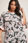 Plus Size Leaf Print Bell-Sleeve Top