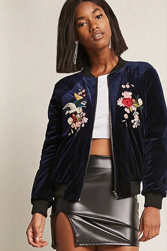 Velvet Floral Embroidered Bomber Jacket