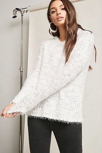 Woven Heart Marled Fuzzy Knit Hooded Sweatwr