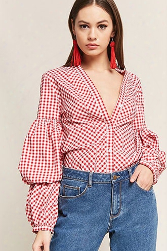 Gingham Balloon-sleeve Bodysuit