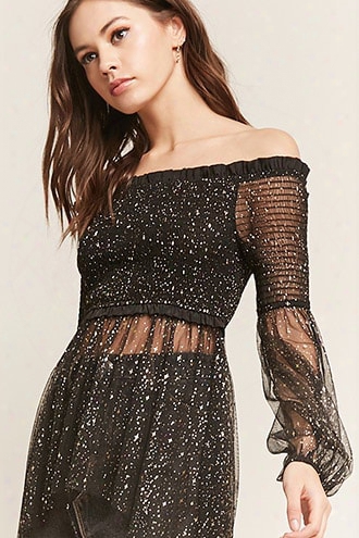 Metallic Star Sheer Mesh Off-the-shoulder High-low Top