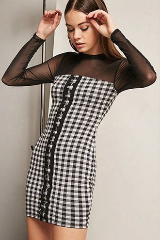 Mock Neck Mesh Gingham Dress