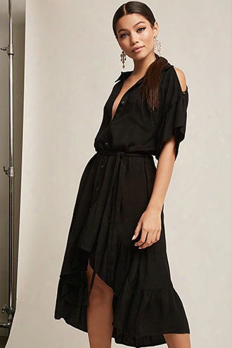 Open-shoulder Ruffle Button-front Dress