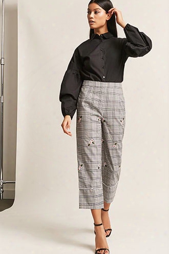 Plaid Embroidered Floral Pants