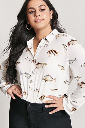 Plus Size Bass Print Chiffon Shirt