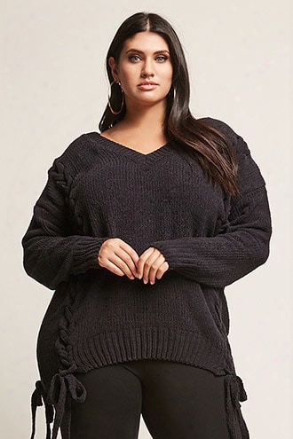 Plus Size Chenille Knit Lace-up Sweater