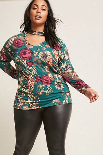 Plus Size Floral Cutout Top