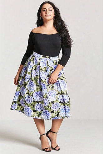 Plus Size Floral Satin Pleated Skirt