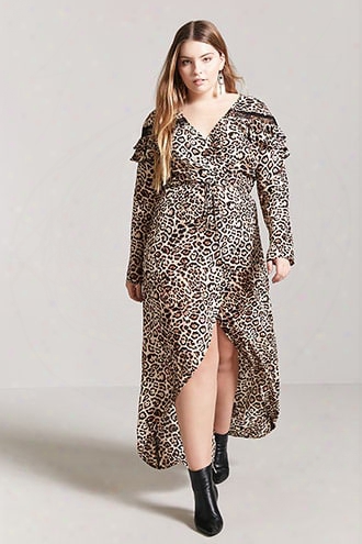 Plus Size Leopard Print Surplice Wrap Maxi Dress