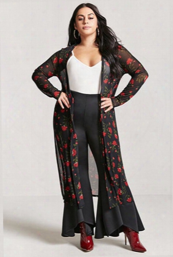 Plus Size Longline Floral Mesh Kimono