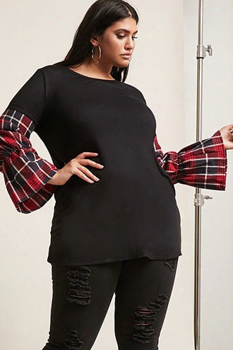 Plus Size Plaid Bell-sleeve Knit Top