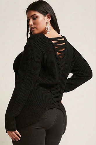 Plus Size Ribbed Lace-up Sweater