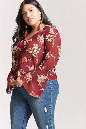 Plus Size Sheer Floral Chiffon Bell-sleeve Top