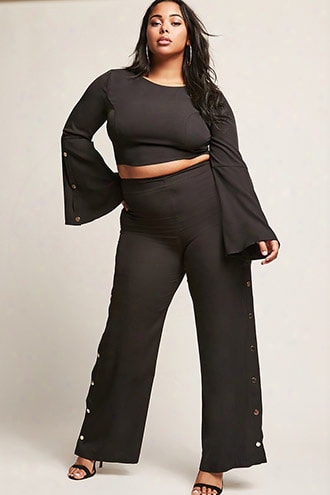 Plus Size Snap-button Crop Top & Pants Set