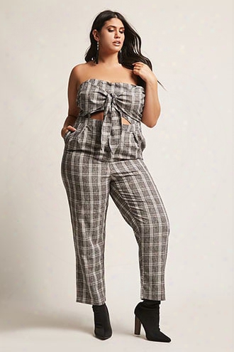 Plus Size Strapless Plaid Tie-front Cutout Jumpsuit