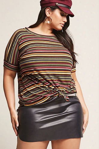 Plus Size Stripe Ribbed Knot-front Top