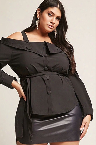 Plus Size Trenchcoat-inspired Open-shoulder Top